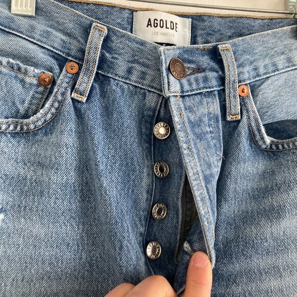 Agolde Riley Jeans Button Fly High Ride Distressed Classic Rigid Denim Crop 23 - Picture 4 of 11